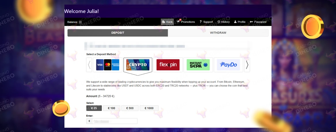 depositar y retirar dinero en Paradise 8 Casino