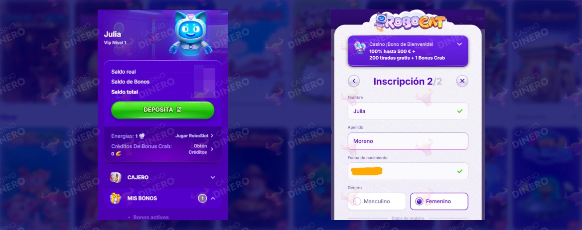 proceso de registro en Robocat Casino