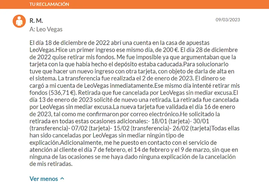 LeoVegas reclamación